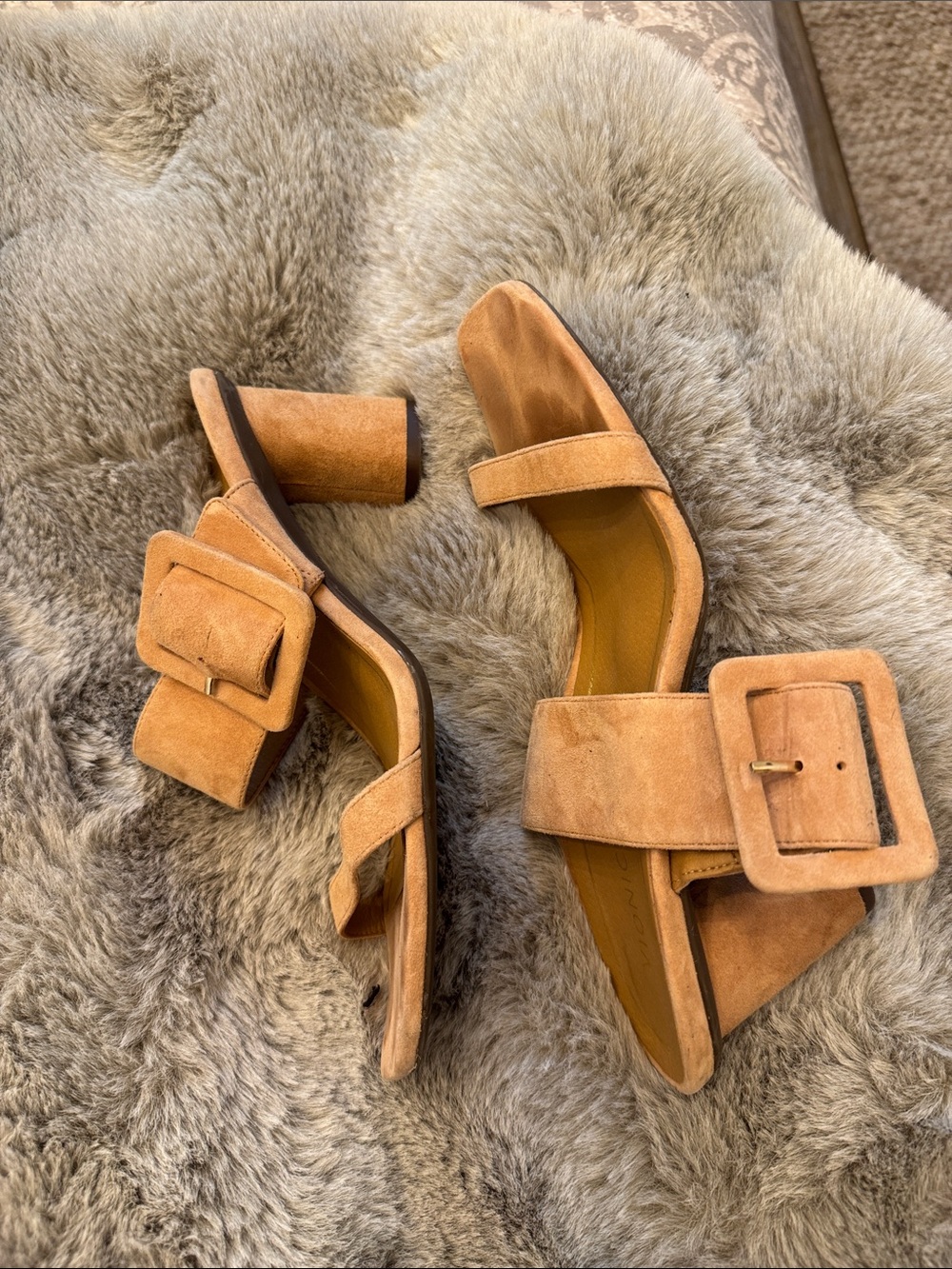 Vionic Tan Suede Buckle Block Heel Mules